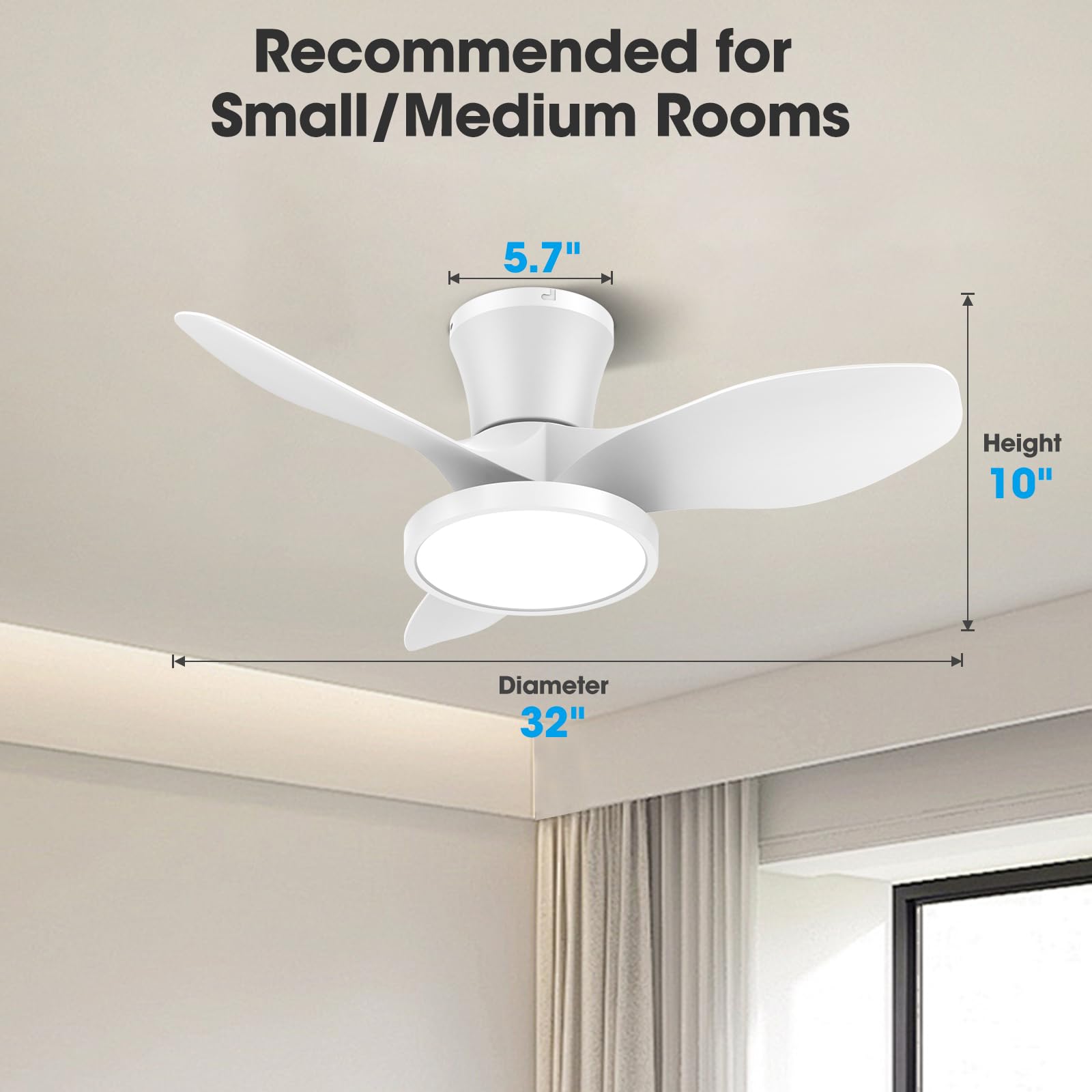 ocioc Quiet Ceiling Fan with LED Light DC motor 32 inch Large Air Volume Remote Control White for Kitchen Bedroom Dining room Patio