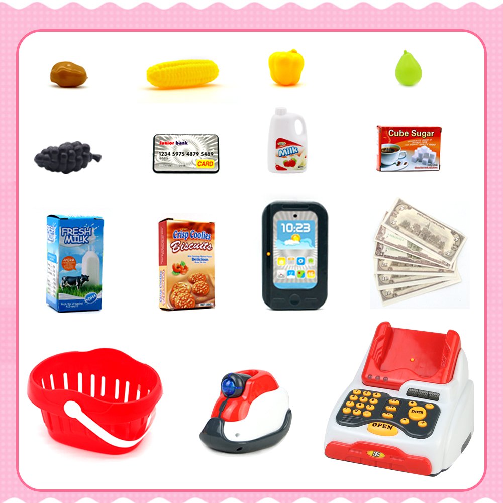 Conjunto de Juguete de Caja Registradora Juguete con Escáner, Dinero de Juguete, Sonido y Luz, 18pcs Accesorios de Juego de Rol Supermercado de Juguetes, Simulación Juego de Imaginación Juguetes Educativos para Niños de 3 4 5 Años