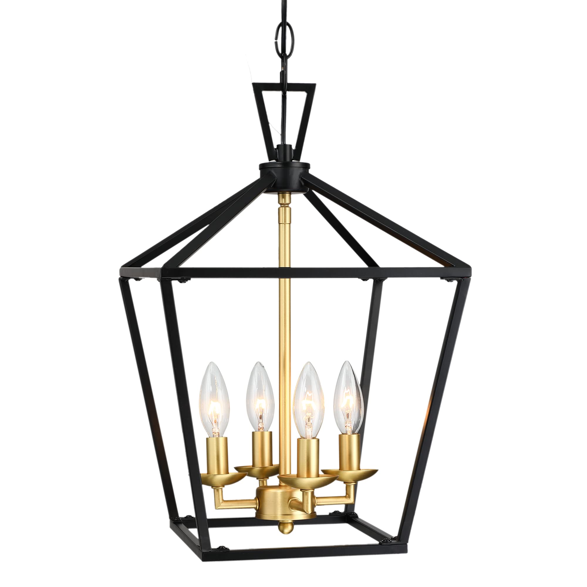 Photo 1 of Untrammelife 4-Light Lantern Pendant Light Black and Gold Brushed Brass Kitchen Pendant Light Modern Geometric Chandelier Adjustable Chain Cage Hanging Light Fixture for Foyer Dining Room