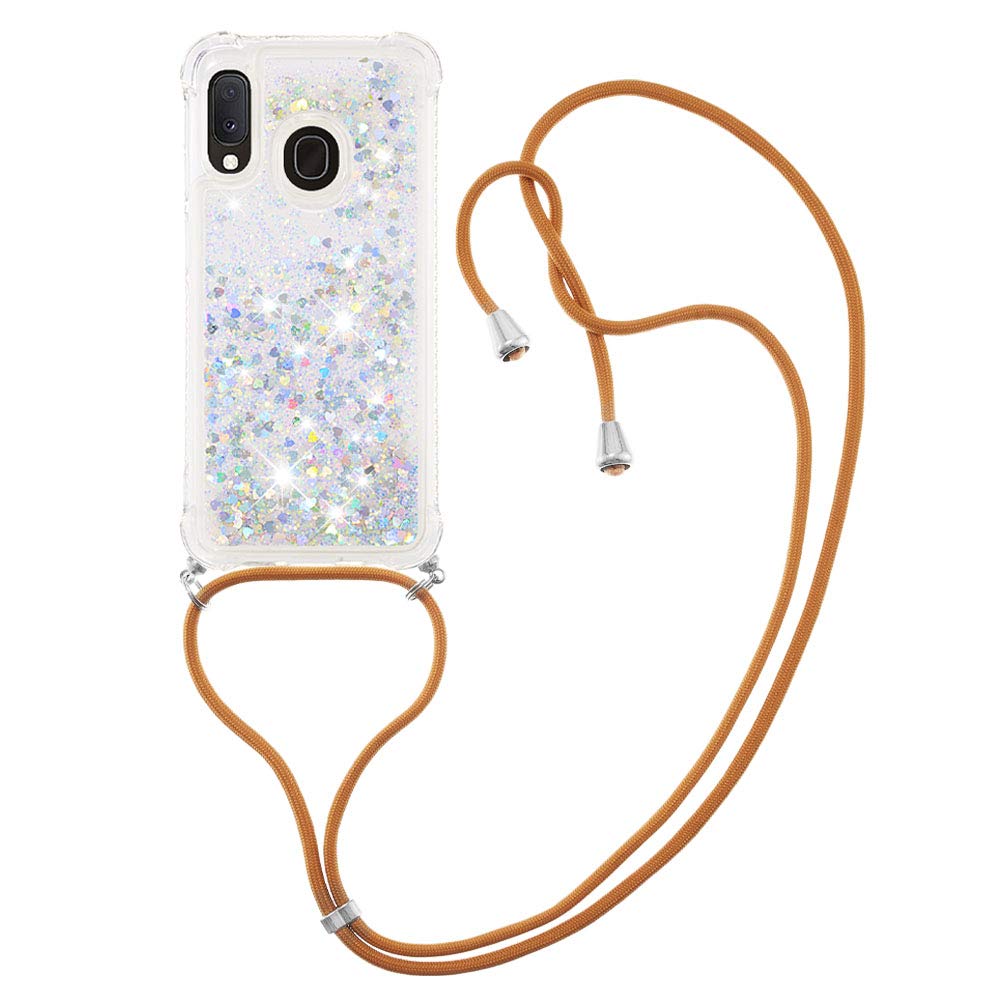 MRSTER Lanyard Phone Case for Samsung A20e, Bling Glitter Quicksand Liquid Sparkle Silicone TPU Case Cover With Crossbody Necklace Cord Strap for Samsung Galaxy A20e. LP Love Silver