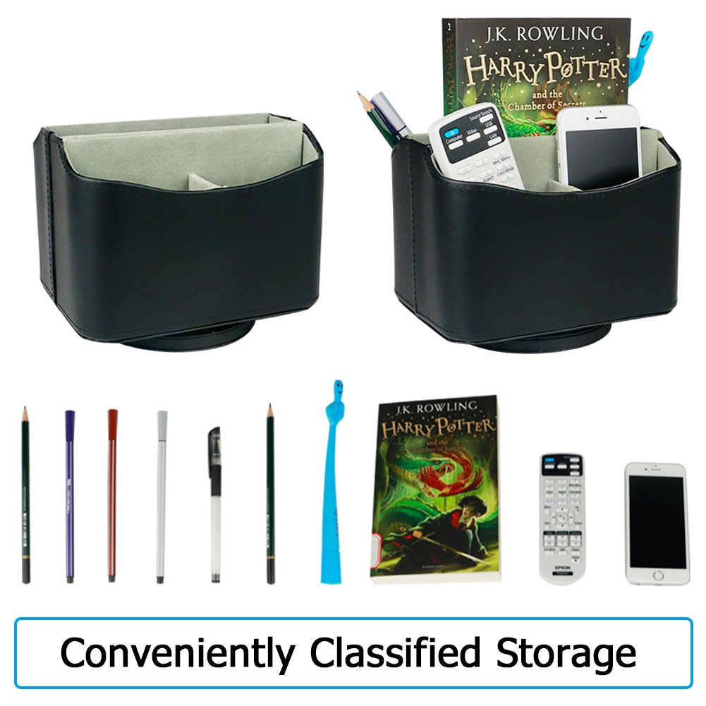 Nuheby Remote Control Organizer Media Faux Leather Spinning Caddy Holder 360 Degree Rotating Desk Storage - Black