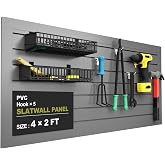 Hohuqeri Slatwall Panel Garage Wall Organizer, Grey, 2'H x 4'W | Wall Mounted, PVC Storage Rack, 5 Hooks, Interlocking Workshop Slat Wall Paneling