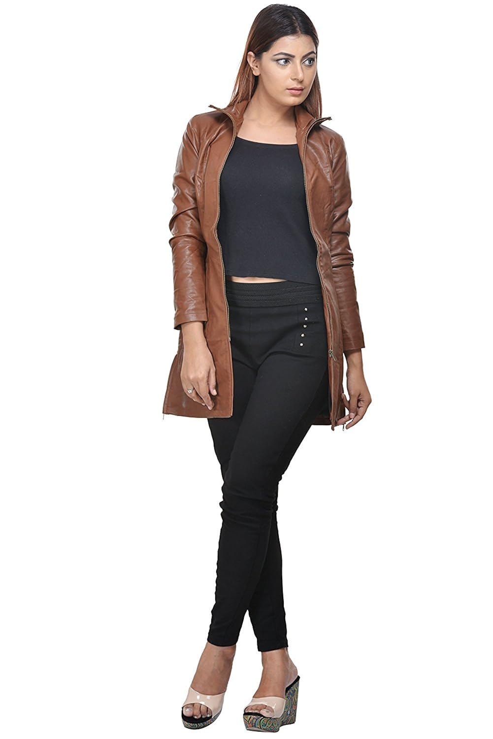 penymall women tan brown casual stylish winter long leather jacket coat