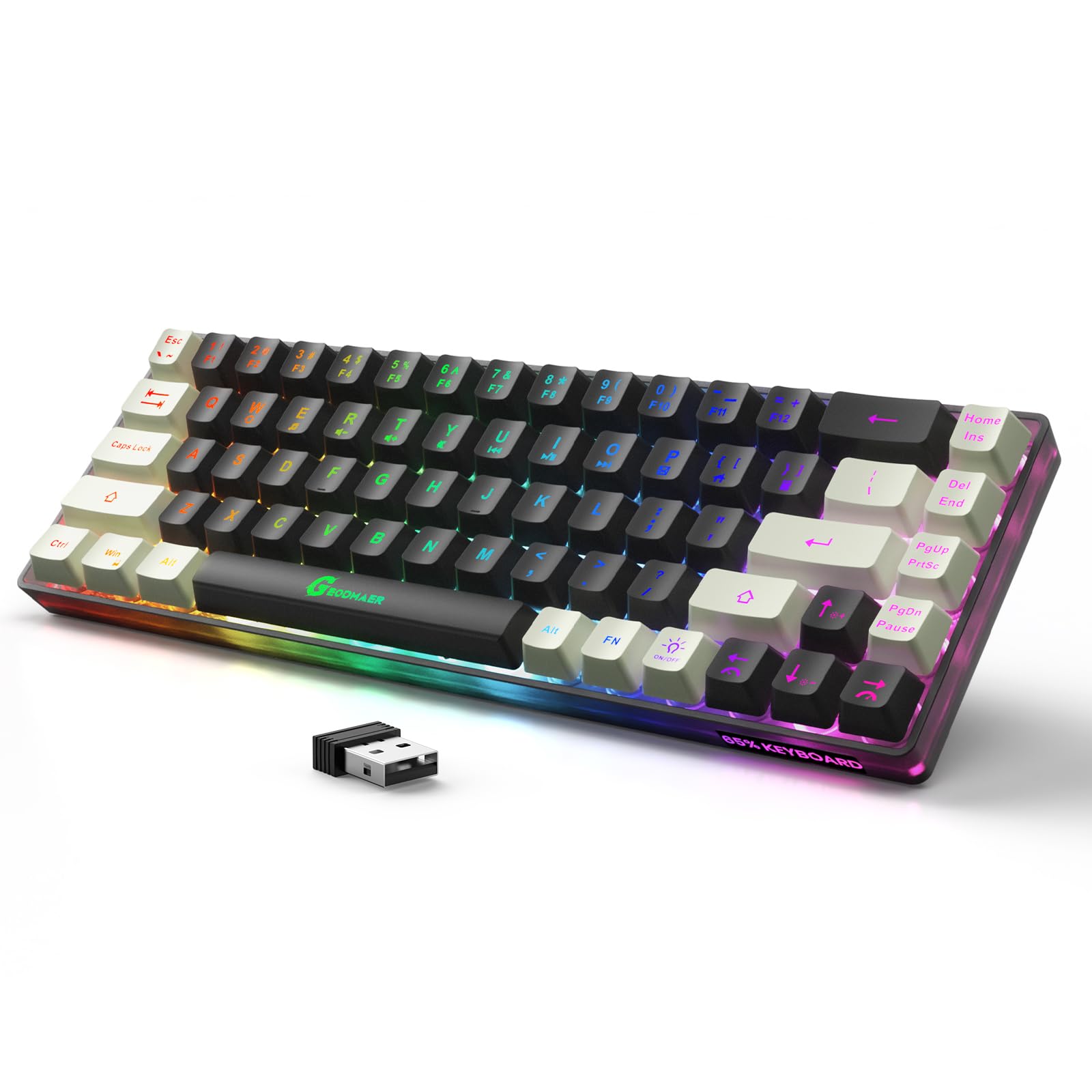GEODMAER 65% Wireless Gaming Keyboard: LED Backlit, 68 Keys, Ultra-Compact, Anti-ghosting, No-Conflict Wireless Keyboard for PC Laptop Windows Gamer(Black-White)