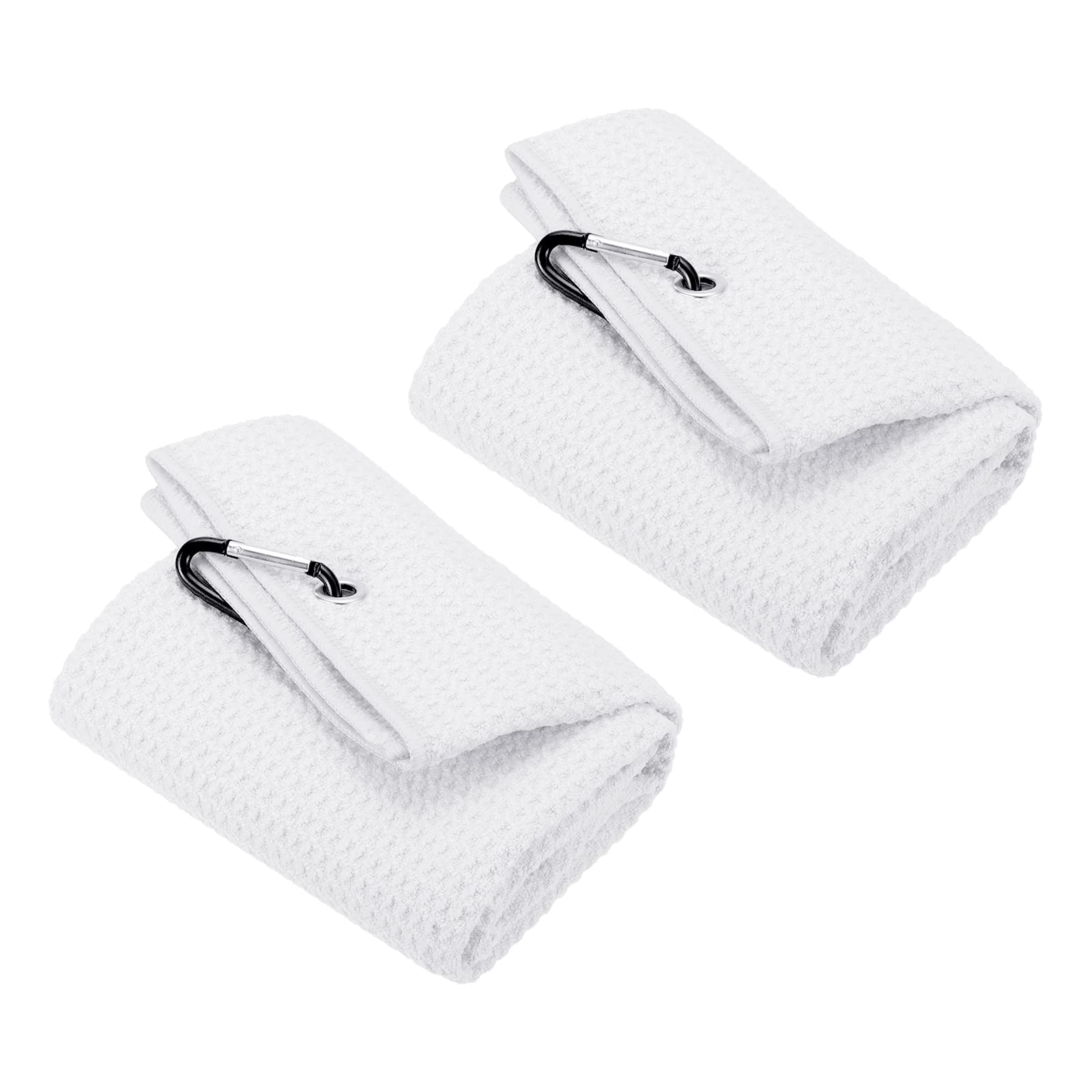 PATIKIL 20"x16" Tri-Fold Golf Towels, 2 Pack Waffle Pattern Towels Soft Fiber Strong Water Absorption with D Clip for Golf Lovers, White