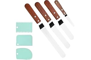 LEONTOOL 4 Packs Offset Spatula, Stainless Steel Cakes Icing Spatula Set 4" 6" 8" 10" with Wooden Handle and 3 Packs Cake Smo