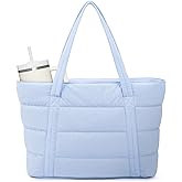 Narwey Puffer Tote Bag for Women with Cup Holder & Laptop Compartments, Quilted Puffy Travel Work Tote Bags for Nurse Teacher
