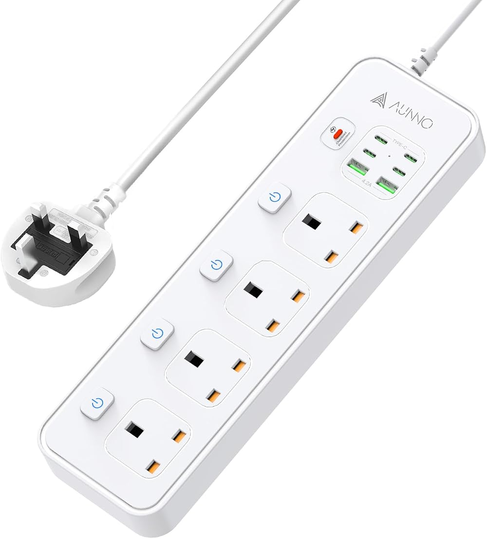 AUNNO 4 Way Extension Lead USB USB-C 4 Ports 1.8m UK Plug Surge Protected