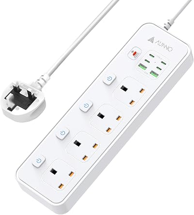AUNNO 4 Way Extension Lead USB USB-C 4 Ports 1.8m UK Plug Surge Protected