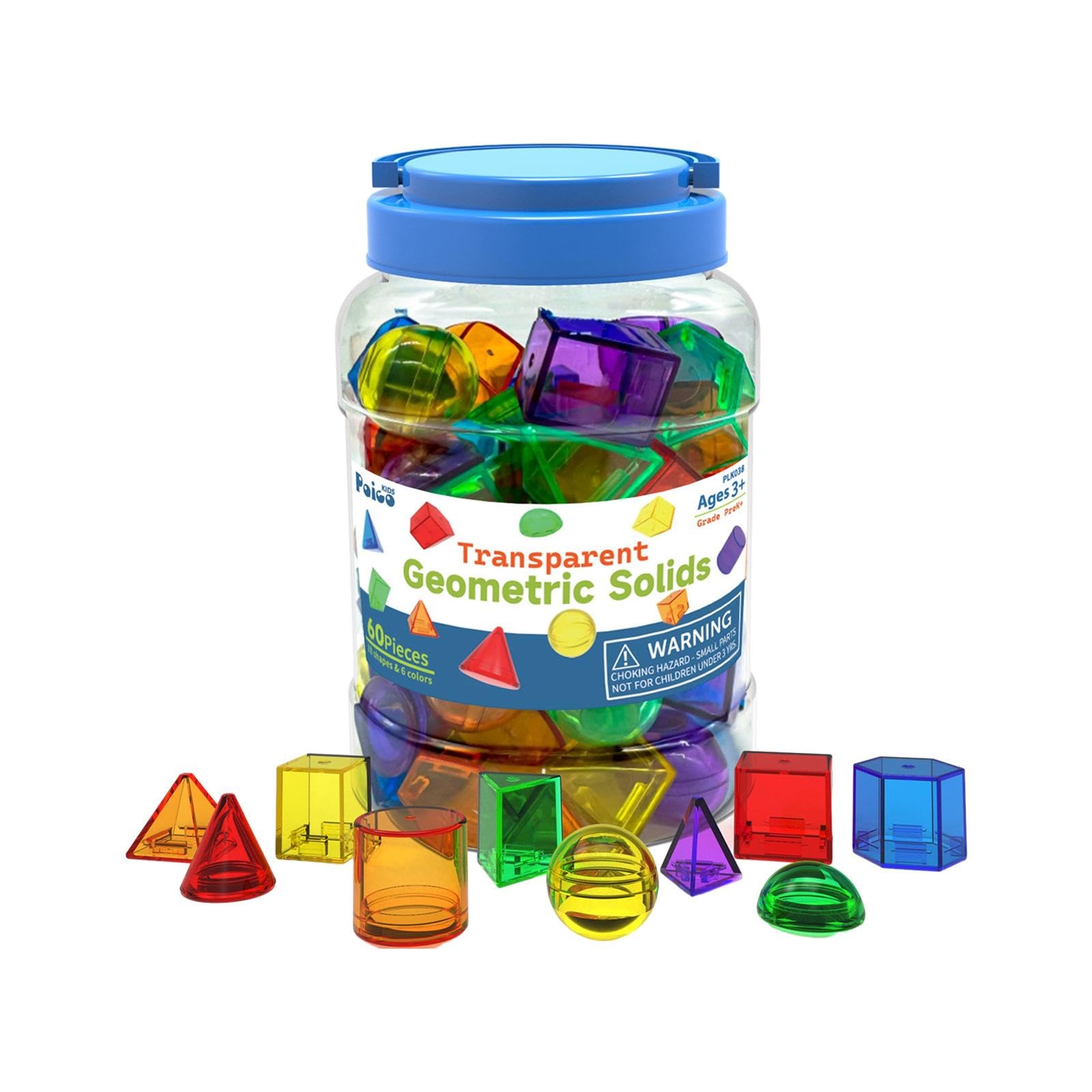 Sharplace 60Pcs Geometric Solids Shape Blocks 3D Shapes Colorful Educational Toy Translucent Pattern Blocks Montessori Toy for Travel — image 1