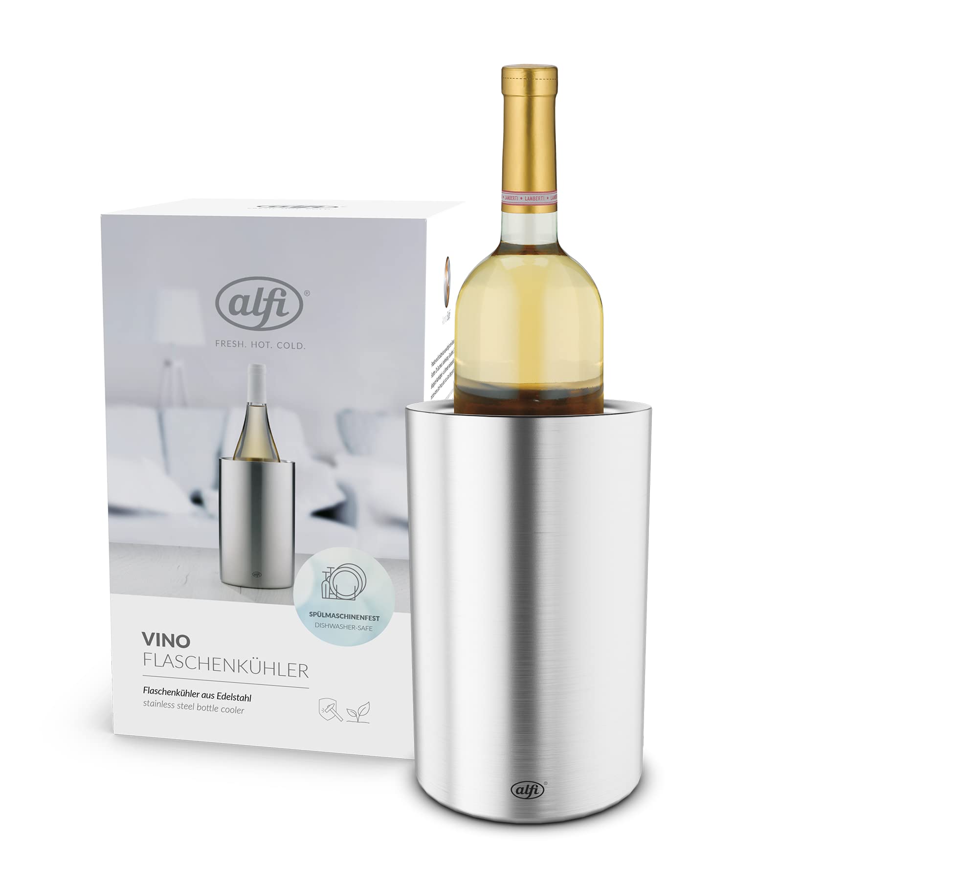 alfi Stainless steel vino wine cooler, double-walled bottle cooler 0457.205.100 Champagne cooler can be pre-cooled in the freezer compartment, beverage cooler keeps bottles cold for hours, 12 x 12 x 19.5 cm
