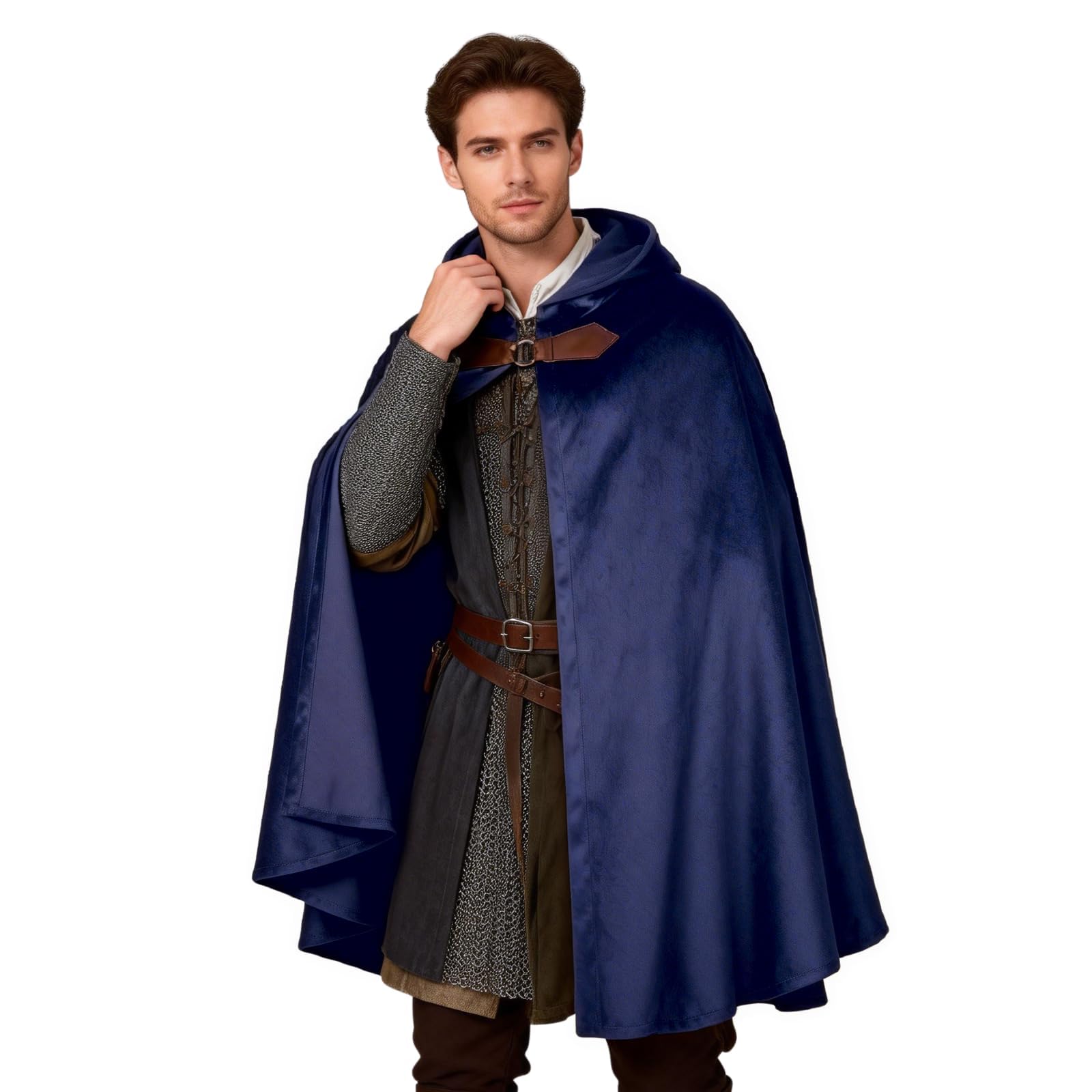 HAPNBCELE Adults Medieval Cloak with Hood, Renaissance Cape Costume Halloween Wizard Cosplay LARP Renaissance Fair RPG Party (Blue, 31.5“/80cm)