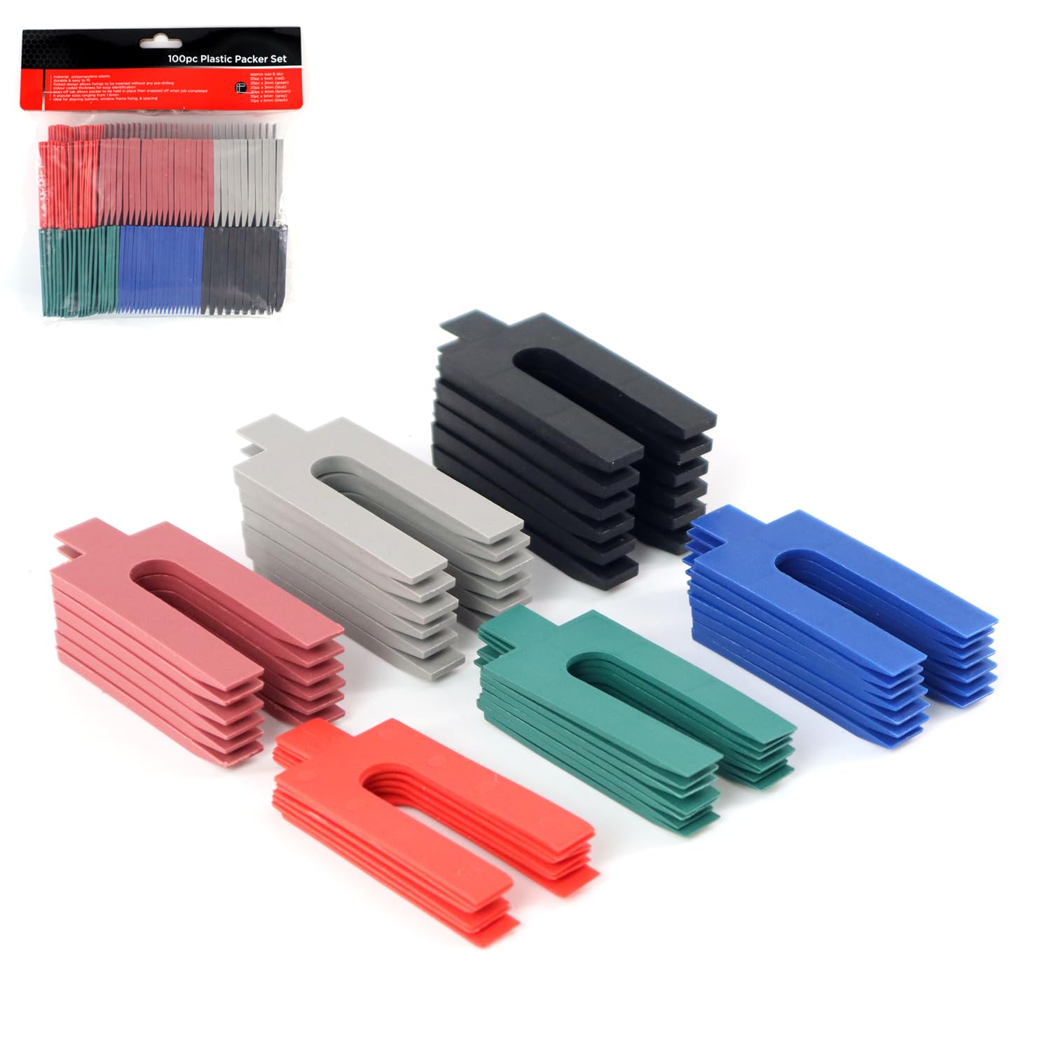 Navoys 100 Piece Plastic Packers Set, 6 Sizes 1mm to 6mm, Colour Coded Polypropylene Shims for Window Frames, Battens Spacing Applications, Mixed Colours