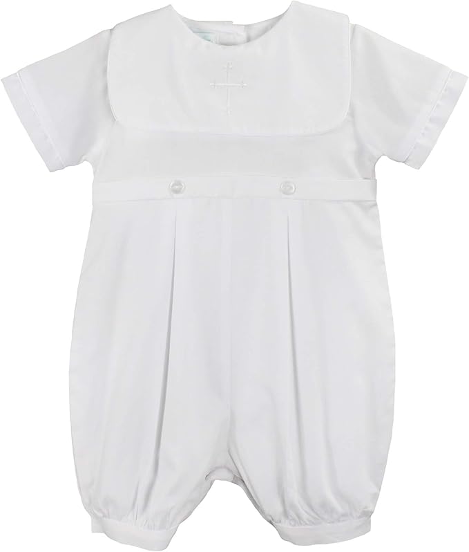 Petit Ami Newborn/Infant Boys Christening Romper w/Cross Embroidered