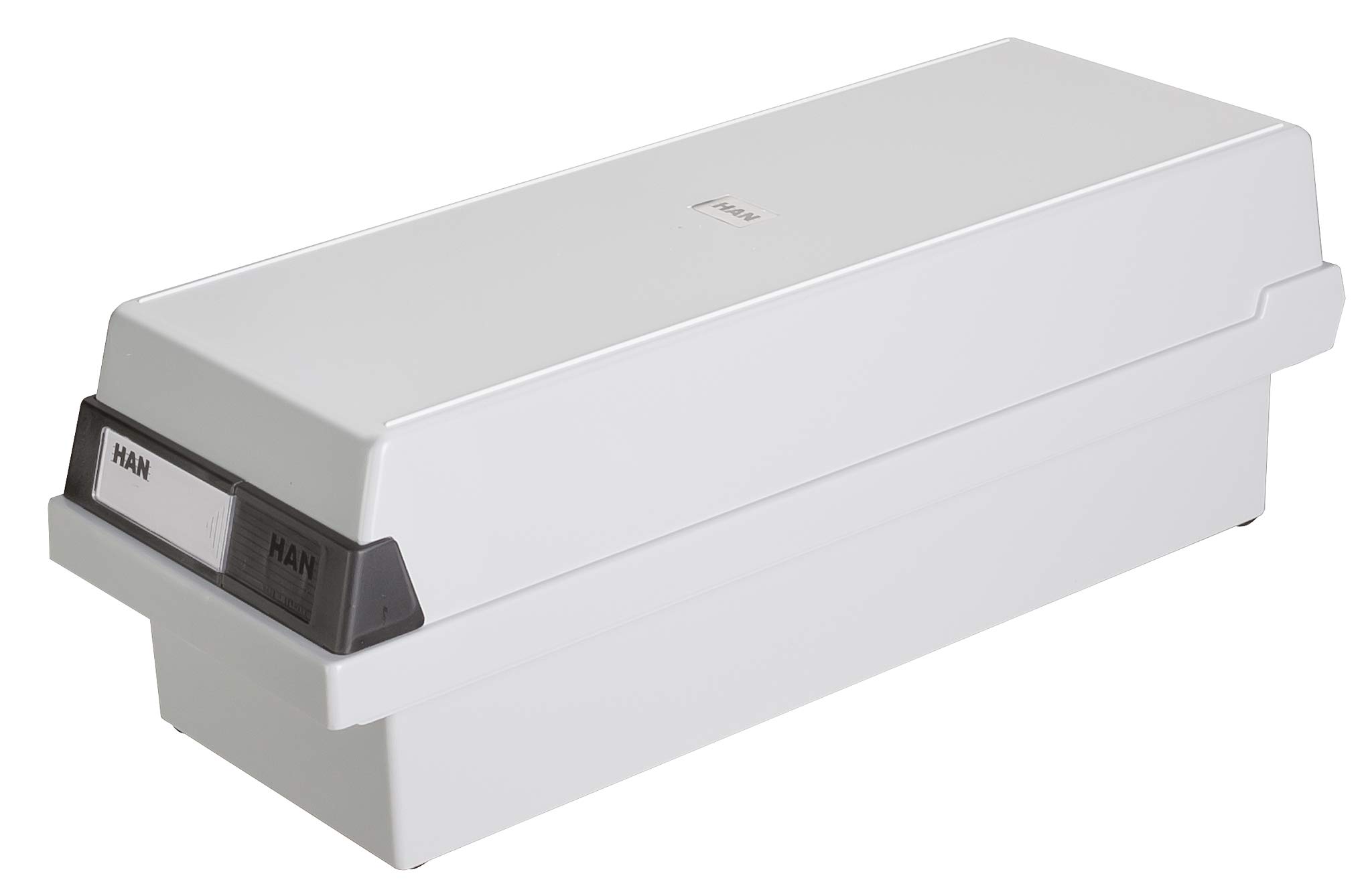 HAN 957-11, Card filing box A7 landscape. Innovative, attractive design holds 1,300 cards, readjustable lid supplied with large inscription label, light-grey