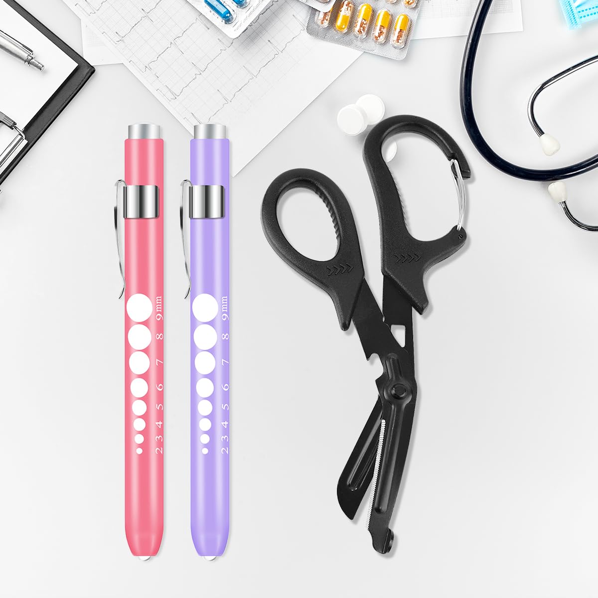Nursing Penlight with Pupil Gauge 2 Pack LED Medical Pen Lights for Nurses Doctors EMTs Pen Light Medical LED Penlights for Nurse Pink and Purple with 4 Batteries White Light