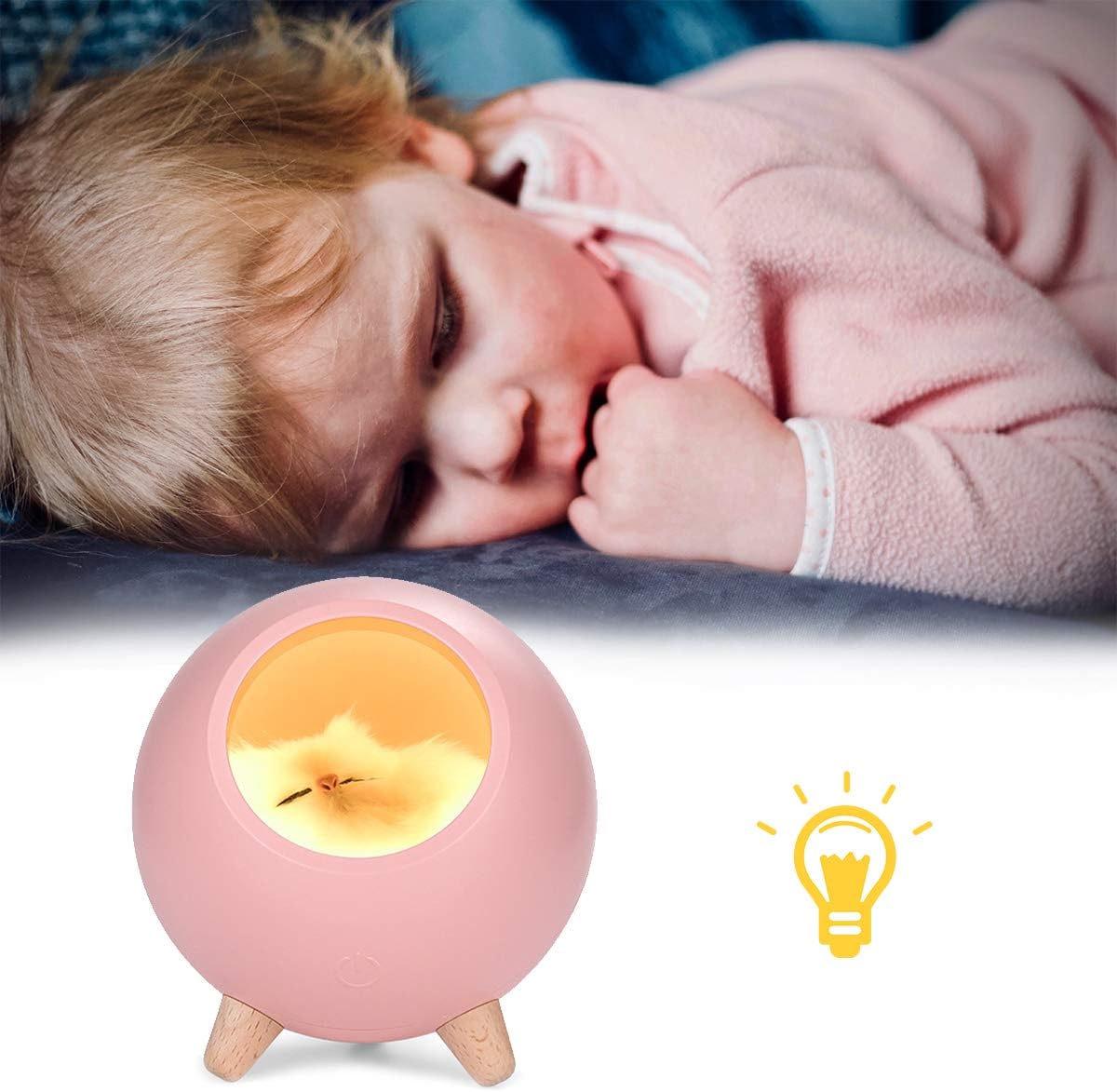 Wallfire Cute Sleeping Cat Night Light Bedroom Light Baby Sleeping Light USB Charging Stepless Dimming Table Bedside Light for Baby/Children/Boy/Girl - Pink