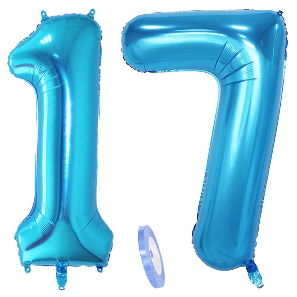 2 Balloons Number 17, Number Balloon Blue Girls Boys 40 Inch Giant Inflatable Helium Foil Balloon Blue Balloons Figures for Birthday 17th Years Children Boys Party Decoration (XXXL 100 cm)