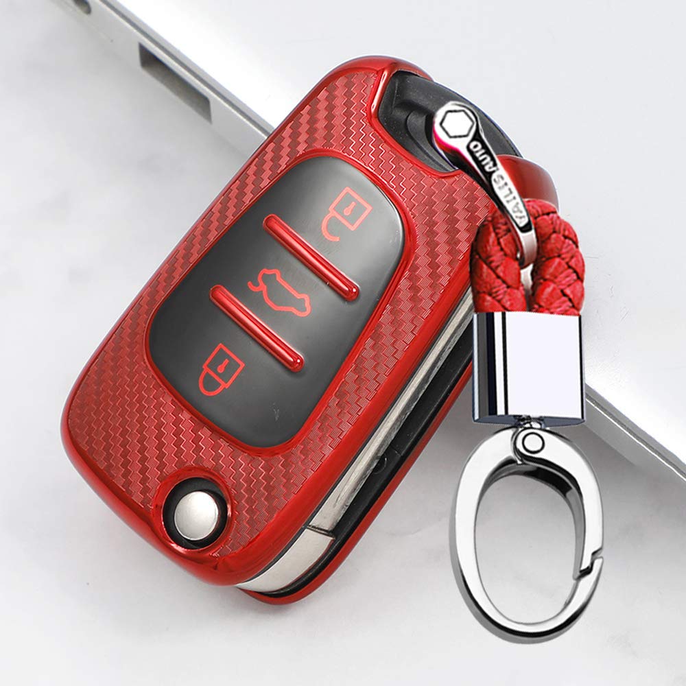 ontto TPU Silicone Car Key Fob Cover Keyring for Kia Ceed Sportage Sorento Rio Hyundai I10 I20 I30 IX35 Veloster accessories Flip Folding Key Case Remote key Shell key Holder Protector Red