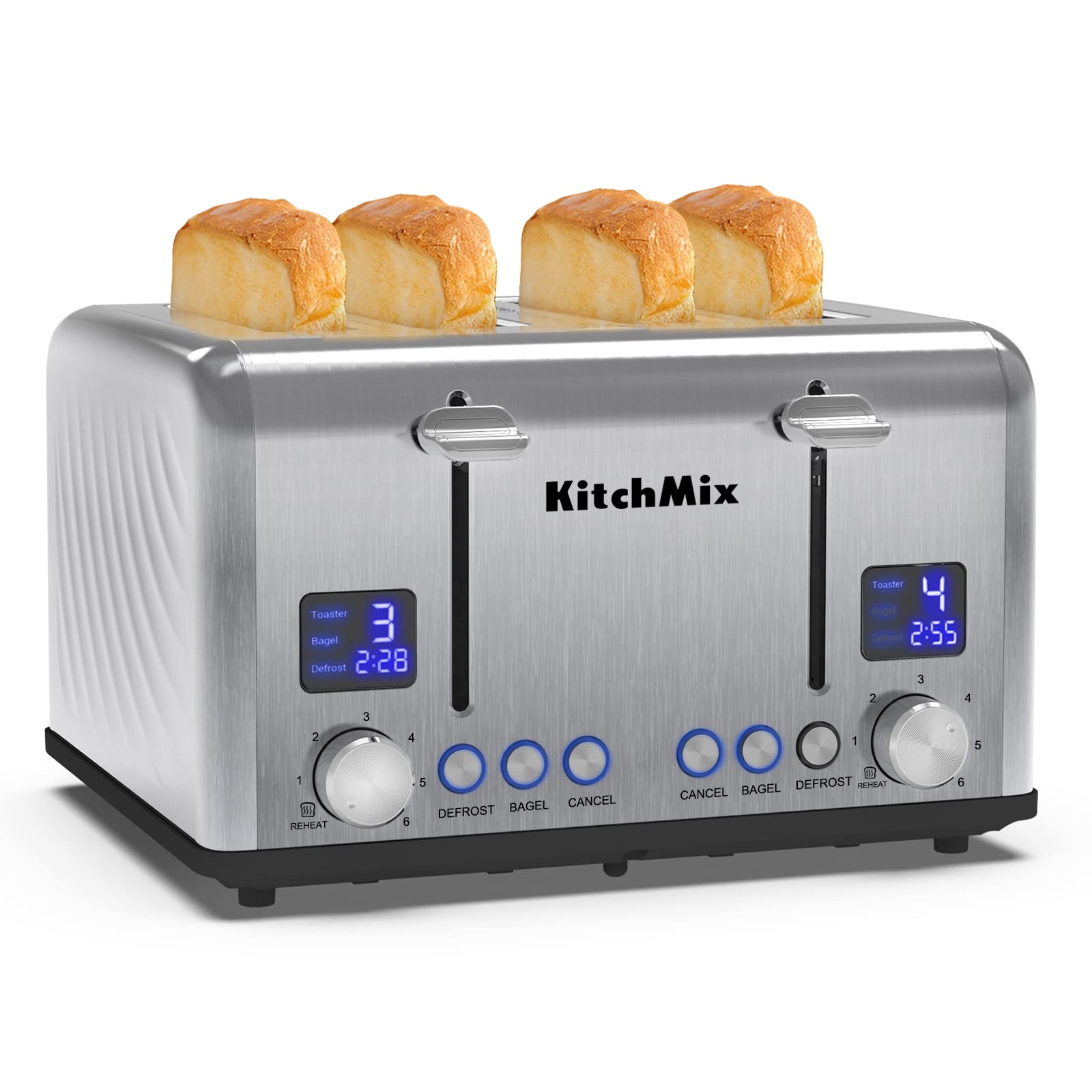 Tostadora de 4 rebanadas, tostadora de acero inoxidable KitchMix Bagel con temporizador LCD, ranuras extra anchas, pantalla doble, bandeja para migas extraíble (acero inoxidable)