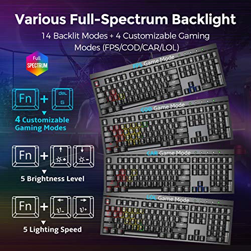 PICTEK Mechanical Gaming Keyboard [2019 Upgraded], Diverse Full-Spectrum Backlight Keyboard, 108 Keys Blue Switches/Detachable Wrist Rest Wired USB Keyboard, Computer Keyboard for PC Gamer