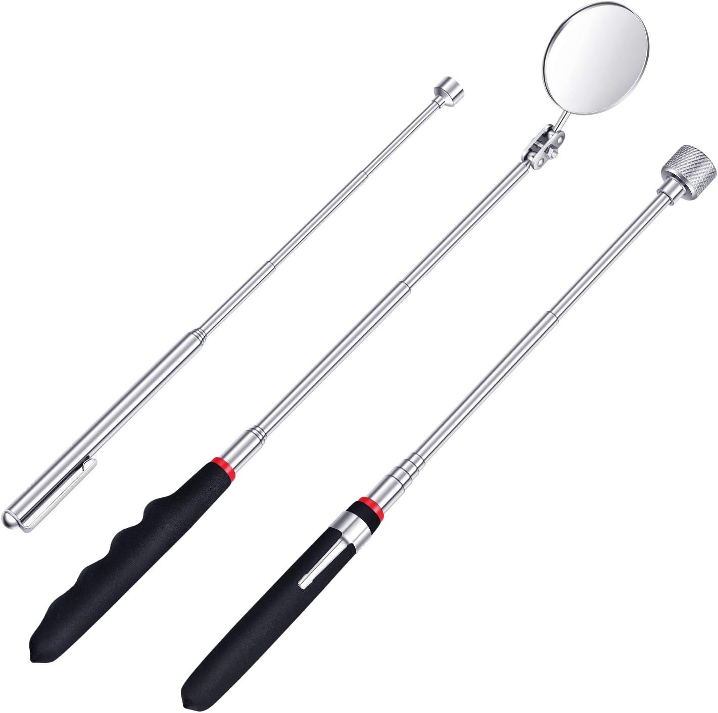 3 Pieces Magnetic Pick-up Tools Set, 15 lb Telescoping Pick-up Tool, 3 lb Pick-up Rod and 360 Swivel Round Inspection Mirror for Viewing Pickup Dead Angle