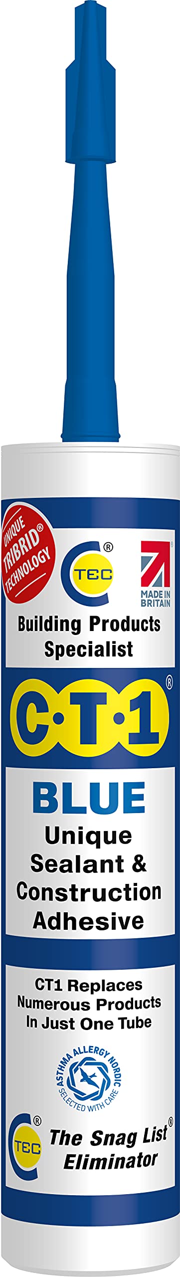 CT1 Blue TRIBRID Multi-Purpose Sealant & Adhesive - Bathroom, Shower & Window Sealant - Odourless - Anti Mould Waterproofing Sealant Adhesive - Vibration Resistant & Flexible - 290ml