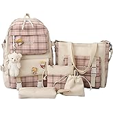 TABANA 5Pcs Kawaii Canvas School Backpack Combo Set with Pear Pendant Cute Pins Tote Bag Pencil Pouch Plaid Checkered Aesthetic Laptop Schoolbag Daypack Kit Back To School (Pink)