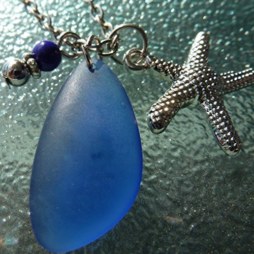 Blue cobalt sea glass necklace ocean talisman on a 24" silver color chain with nautical starfish delicate elegant young beach amulet prime aqua handmade seaglass mermaid rears jewelry mascot