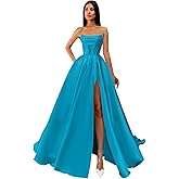 Ibpdea Strapless Prom Dresses Satin Ball Gown with Slit Cowl Neck Formal Evening Dress with Pockets