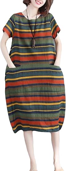Amazon Debangniワンピース リネン 夏 薄手 半袖 ワンピース ドレス 綿麻 ストライプ ワンピース ドレス 可愛い ゆる 大きいサイズ 韓国ワンピース 綿 体型カバー エレガント パーディー スタイリッシュ ワンピース チュニック 通販
