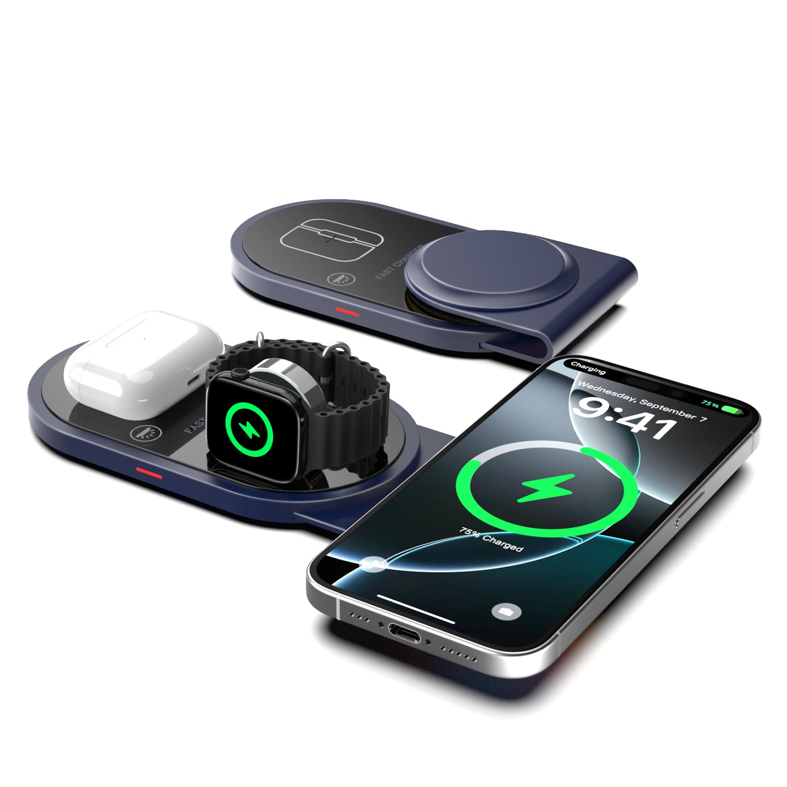 Photo 1 of 3 in 1 Foldable Charging Station for Apple Multiple Devices, Fast Wireless Charger Travel Stand-Magnetic Charging Pad Compatible with iPhone 16/15/14/13/12,for Apple Watch Series & Airpods 4 3 2 Pro