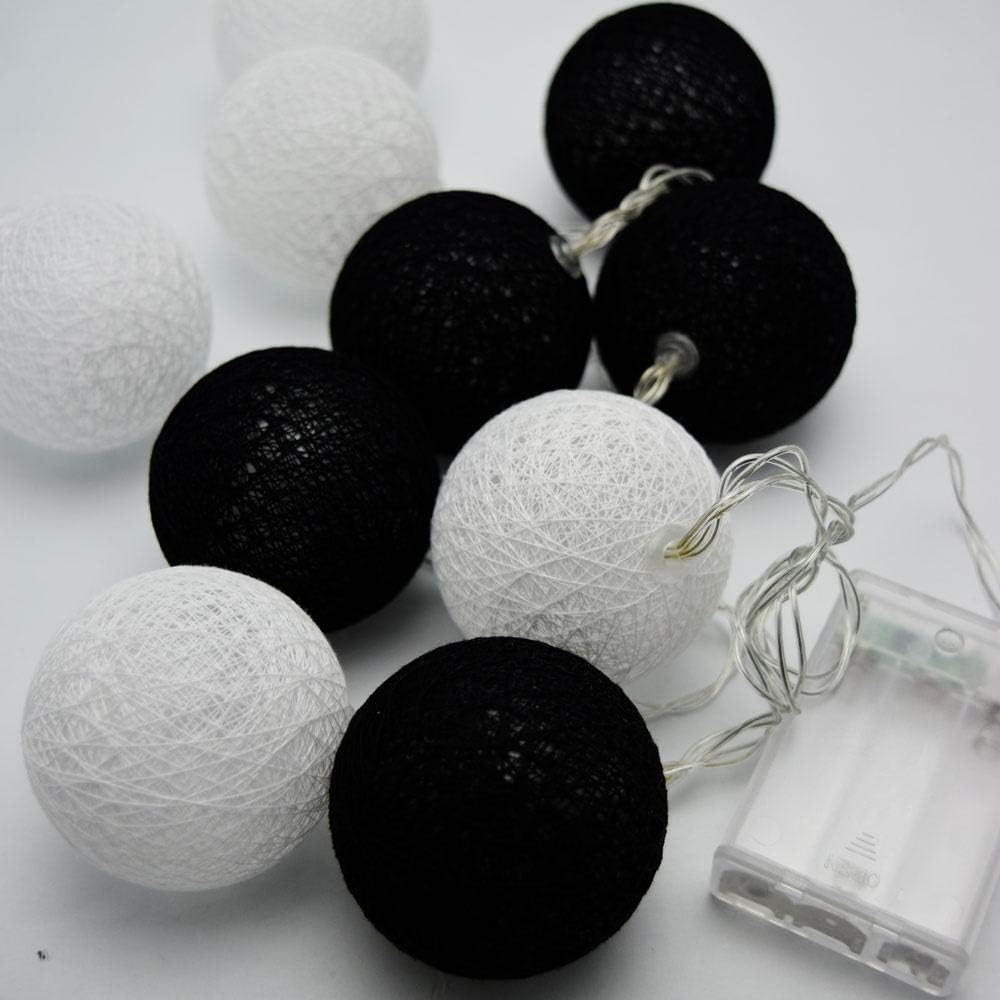 PaperLanternStore.com 10 LED Black and White Round Texture Cotton Ball Woven Spun String String Light, 5.5 FT, Battery Operated w/ Timer