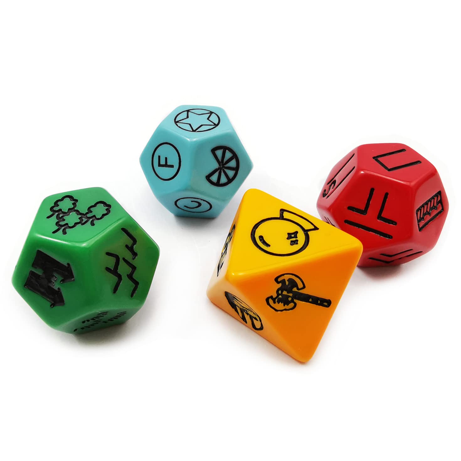 Bescon's Dungeon and Wilderness Terrain, Dungeon Feature and Treasure Type Dice Set, 4 piece Proprietary Polyhedral RPG Dice Set, Red, Green, Yellow with Black print