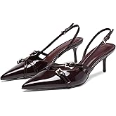 VOLEECE Slingback Kitten Heels for Women Pointed Closed Toe Patent Leather Buckle Strap Pumps Comfortable Party Dress Shoes
