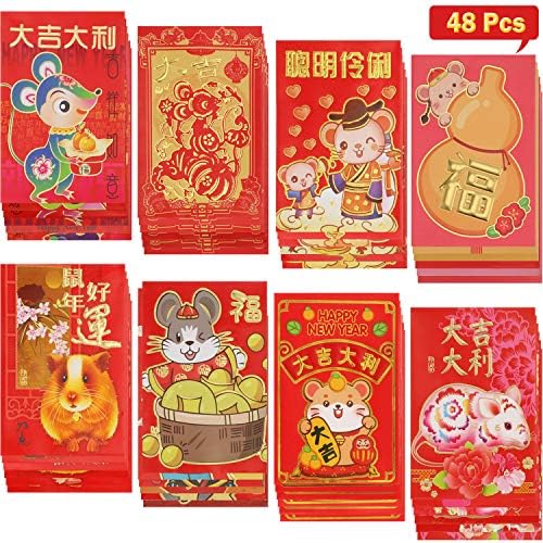 Chinese language New Yr Pink Envelopes 2020 Rat Yr Hong Bao Pink Packet Cartoon Rat Fortunate Cash Present Envelope for Chinese language New Yr Spring Competition Marriage ceremony Celebration Favors 8 Types, 4.5 x 3.2 Inches (48)