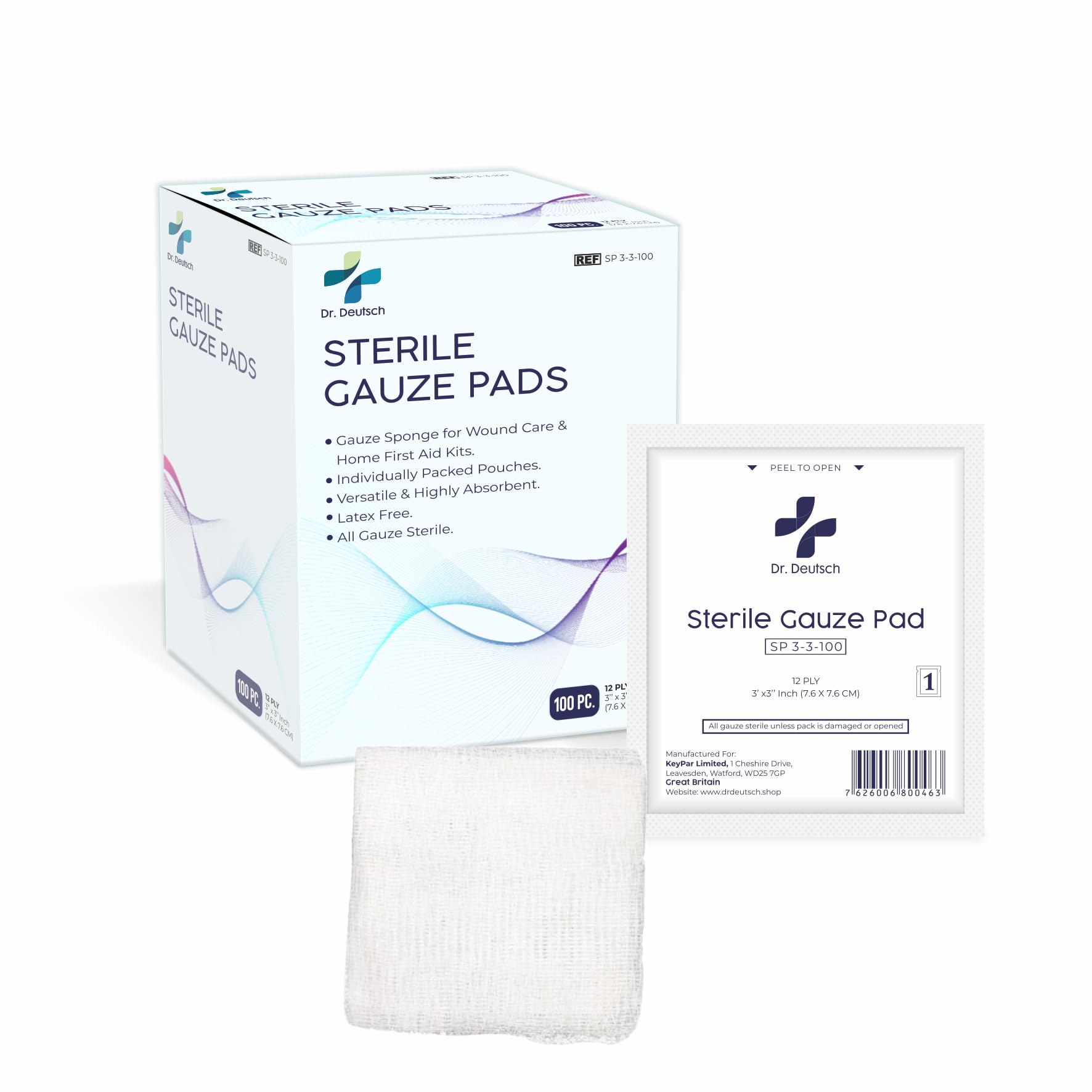 DR. DEUTSCH Sterile Gauze Pads 7.5 x 7.5 cm for Wound Dressing 100 Individually Packed Pouches, 12-Ply Cotton & Highly Absorbent, Gauze Sponge-Pads for Wound Care & Home First Aid Kits