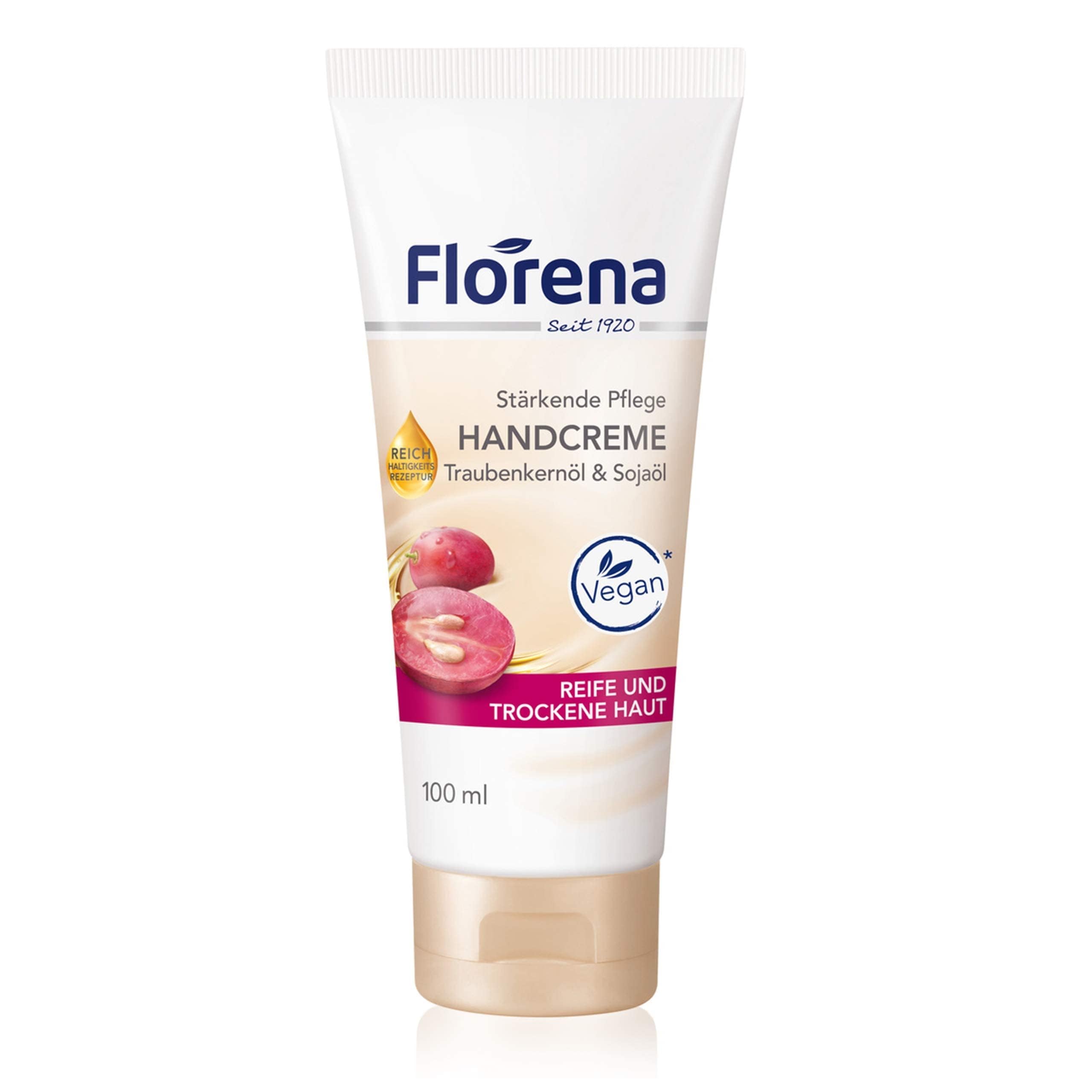 Florena Hand Cream with Grape Seed Oil and Soy Oil, Vegan, Pack of 1 x 100 ml