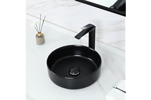 bathivy 14.2" Matte Black Round Vessel Sink with Pop Up Drain, Bathroom Vessel Sink Above Counter, Modern Circular Countertop Sink Bowl, Black Ceramic Vessel Sink, Small Vessel Sink, Sink for Bathroom