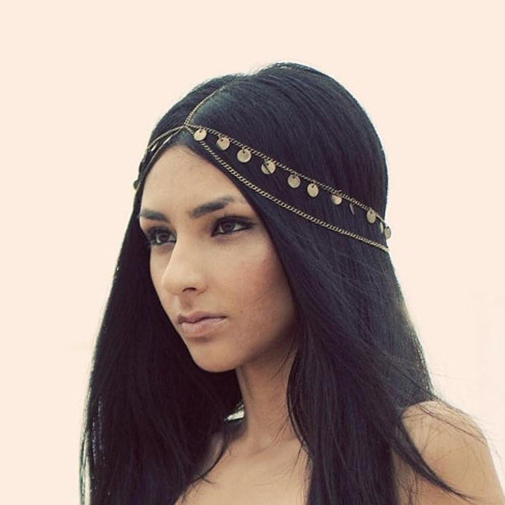 Kercisbeauty Halloween Party Accessory Boho Gold Sequins Multi Layer Head Chain Head piece for Banquet Feast Holiday Beach