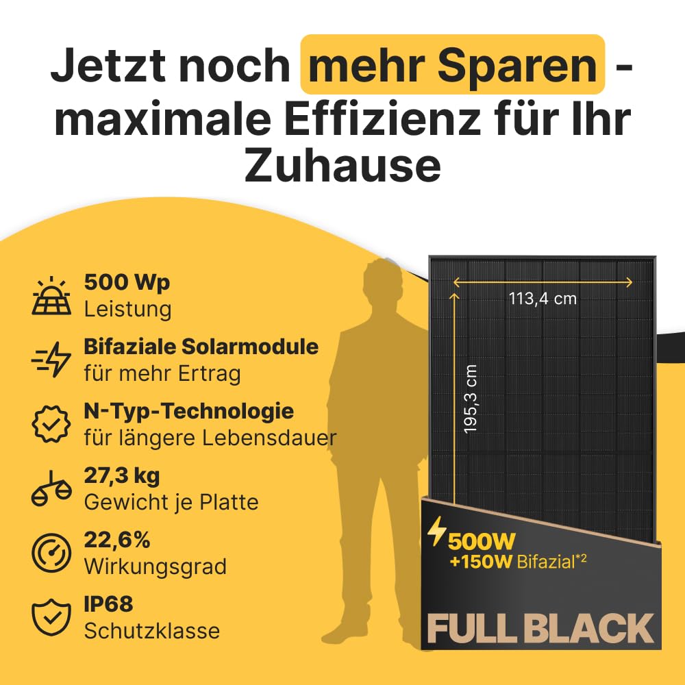 Solakon 1000W Balkonkraftwerk - Balkonkraftwerk 800W komplett Steckdose - neuester 800 Watt Wechselrichter - Solaranlage Komplettset, 500W bifaziale Solarmodule inkl Zubehör - 5m Kabel, Ohne Halterung 7