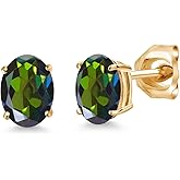 Gem Stone King 14K Yellow Gold Tourmaline Green Mystic Topaz Double Notch Stud Earrings | 1.60 Cttw | Gemstone November Birthstone | Oval 7X5MM | Gold Earrings For Women Men