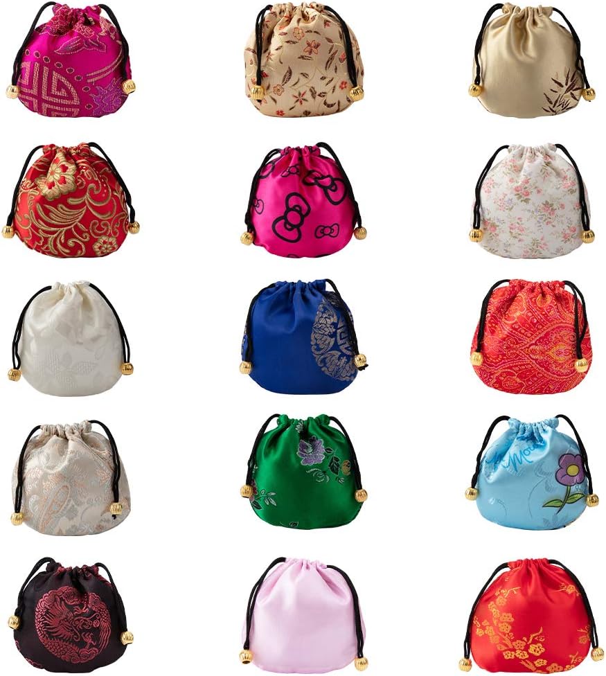 NBEADS 100 Pcs Retro Small Coin Purses Drawstring Gift Bags Brocade Embroidered Jewelry Pouch Bag Wedding Party Favor Bags, Mixed Color