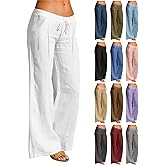 LIKEOULI Linen Pants Women Wide Leg Drawstring Elastic Waist Linen Cotton Blend Pants Casual Loose Trousers with Pockets