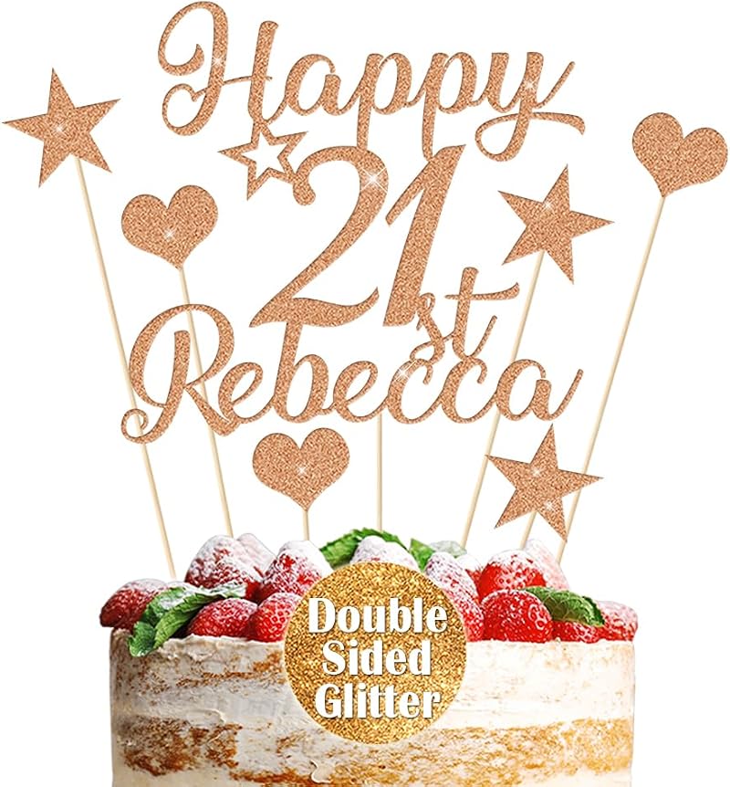 EDSG Personalised Name Age Rose Gold Glitter Birthday Cake Topper Custom