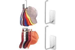 Letohoumia Hat Racks for Baseball Caps 2 Pack, Stainless Steel Adhesive Hat Hanger Hooks Holder for Wall, Multi-Purpose Strong Hook Organizer Can Hold More Than 10 Hats for Door/Closet