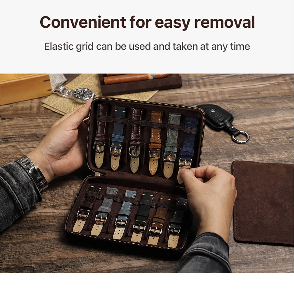 Contacts Watch Band Case Leather Travel 12 Slot Watches Bands Box for Men Watches Strap Holder Storage Organizer Compatible with Most Watch Bands