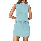 XIEERDUO Two Piece Skirt Sets for Women Summer Beach Vacation Outfits Mock Neck Tops Tennis Skirt Lounge Matching Sets