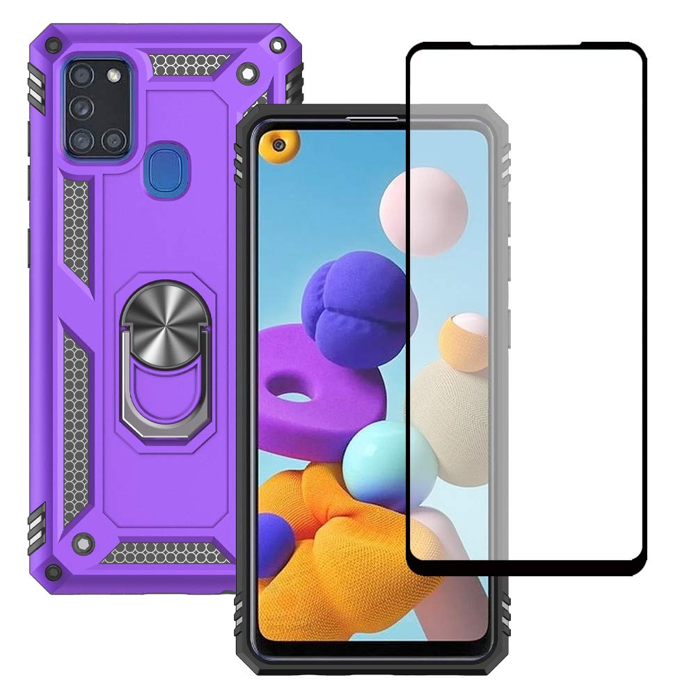 Yiakeng Samsung Galaxy A21s Case, With Screen Protector, Silicone Shockproof Military Grade Protective Phone Cover with Ring Kickstand for Samsung Galaxy A21s (Purple) โ image 1