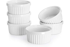 Sweese 4 oz Ramekins Set of 6, Creme Brulee Ramekins Oven Safe, Porcelain Ramiken Set, Souffle, Custard Cups for Baking and Dipping Sauces Bowls, White